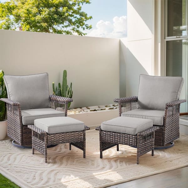 Seagull 4-Piece Brown Wicker Patio Conversation Set with Gray Cushions and Patio Swivel Chairs/Ottoman