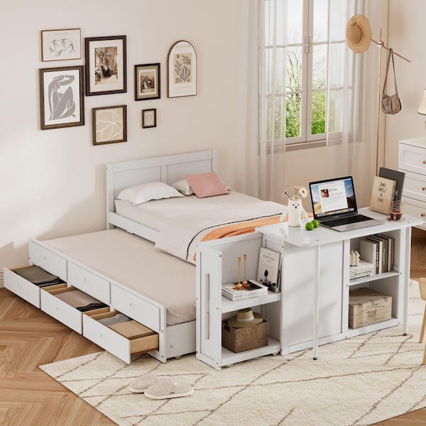 White Twin Size Multifunctional Platform Bed with Trundle, 3 Drawers, Desk and Storage Shelf