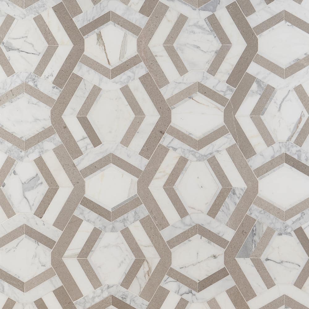 Cream and Gray Polished Marble Geometric Mosaic Tile