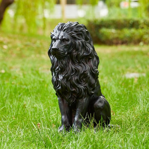Glitzhome 20.75 in. H MGO Black Sitting Lion Garden Statue 