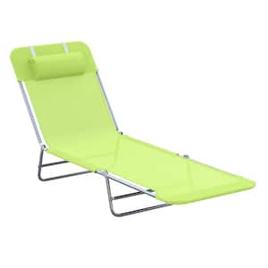 Green Foldable Steel Outdoor Lounge Chair with Pillow and Adjustable Backrest