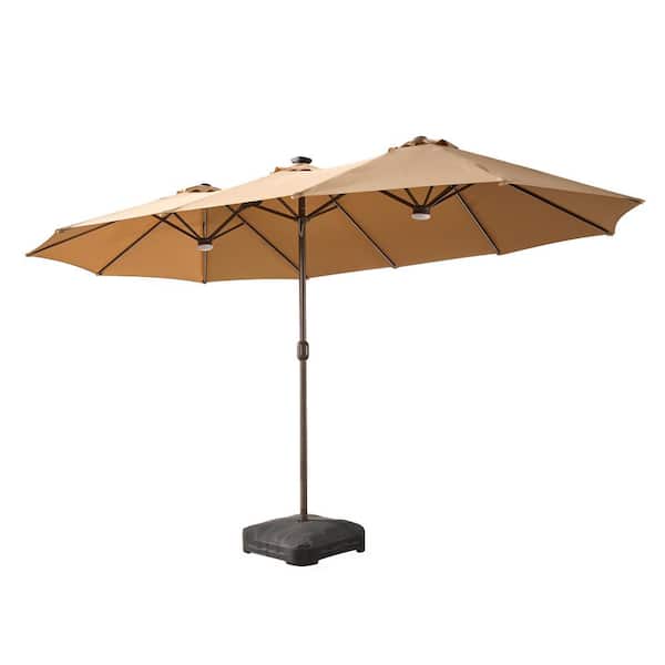 15 ft. x 9 ft. Metal Solar LED Lights Double-sided Market Patio Umbrella with Base and Crank in Khaki