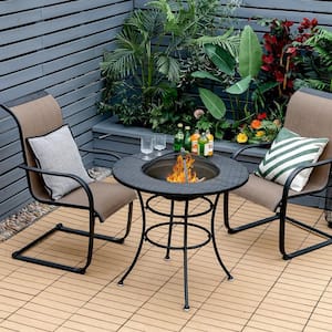 Black Patio Round Metal Fire Pit Dining Table Charcoal Wood Burning Cooking BBQ Grate