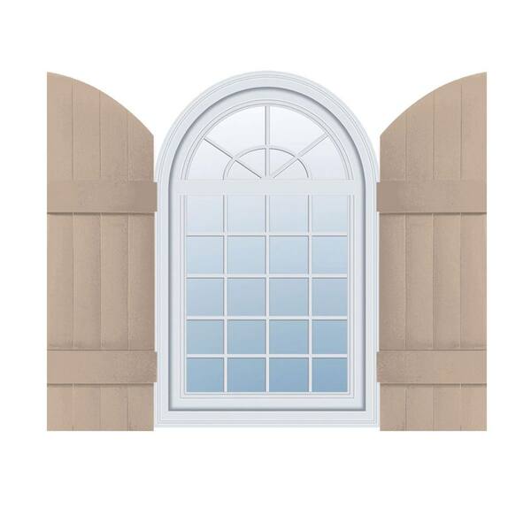 Builders Edge 14 in. W x 45 in. H Vinyl Exterior Arch Top Joined Board and Batten Shutters Pair in Wicker