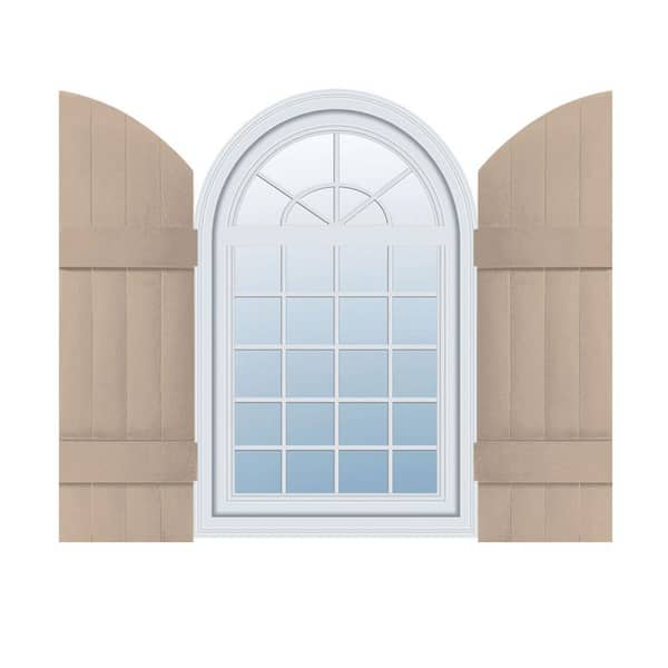 Builders Edge 14 in. W x 53 in. H Vinyl Exterior Arch Top Joined Board and Batten Shutters Pair in Wicker