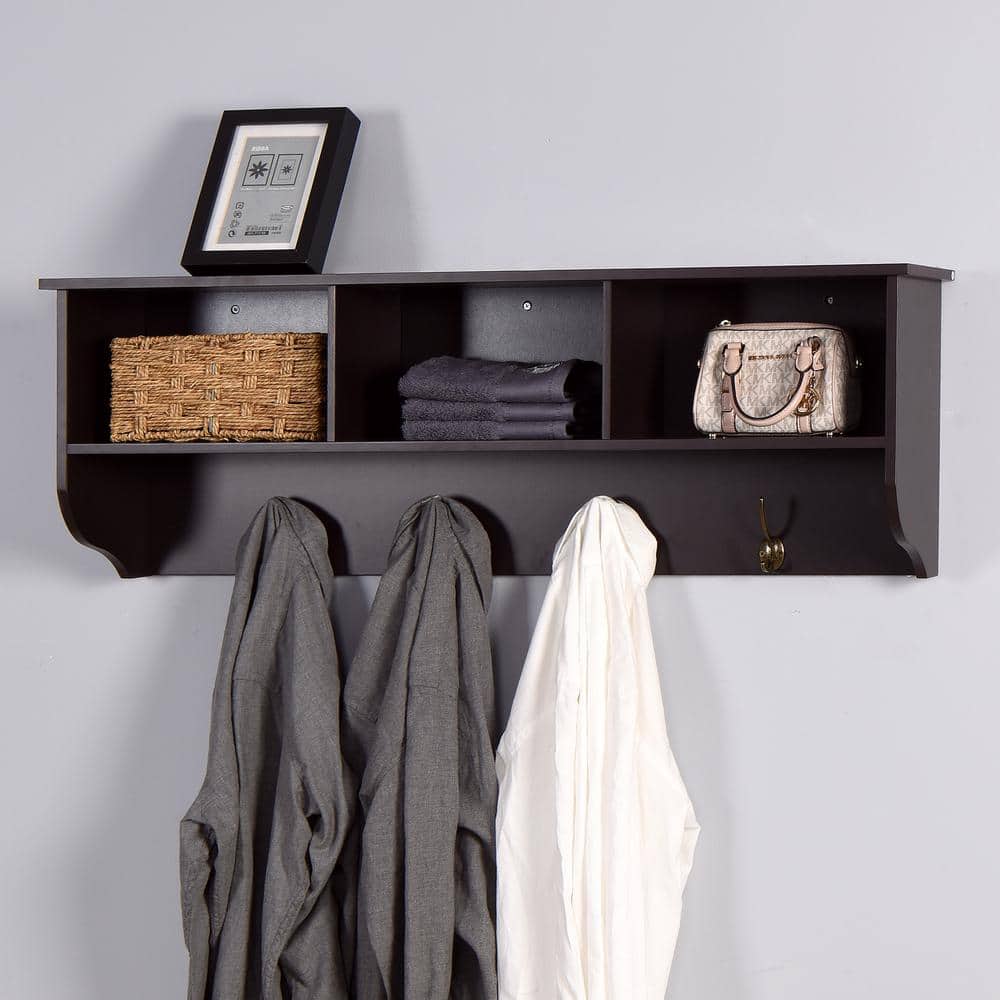 Espresso MDF Wall Mounted Coat Rack with Shelf and 4 Hooks