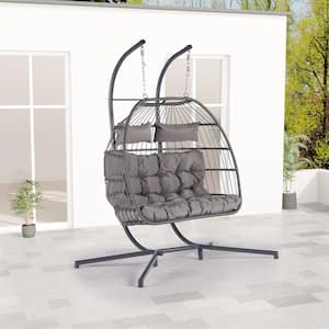 60.1 in. 2-person Wicker Patio Swings With Cushions Outdoor Rattan Furniture Hanging Chair Egg Chair in Light Gray