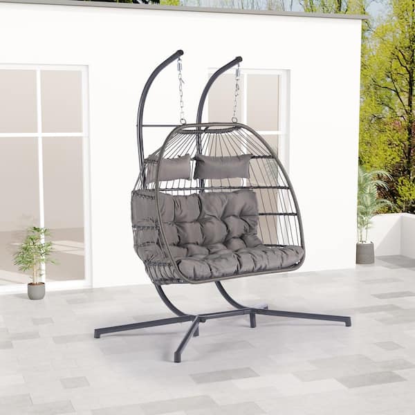 Runesay 60.1 in. 2-person Wicker Patio Swings With Cushions Outdoor Rattan Furniture Hanging Chair Egg Chair in Light Gray