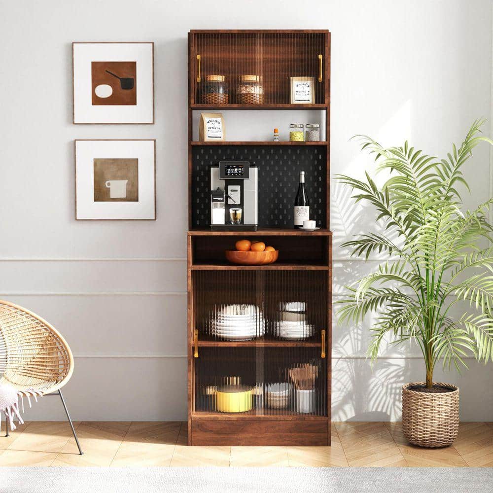 IDEAGLE 72 in. Walnut Kitchen Pantry Sideboard Sliding Striped
