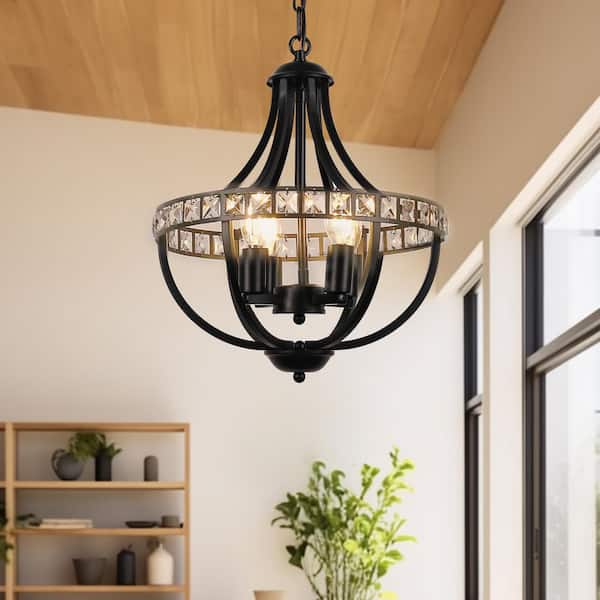 4-Light Modern Matte Black Branch Chandelier with Crystal Accents, E12 Base, Adjustable Chain for Dining and Living Room