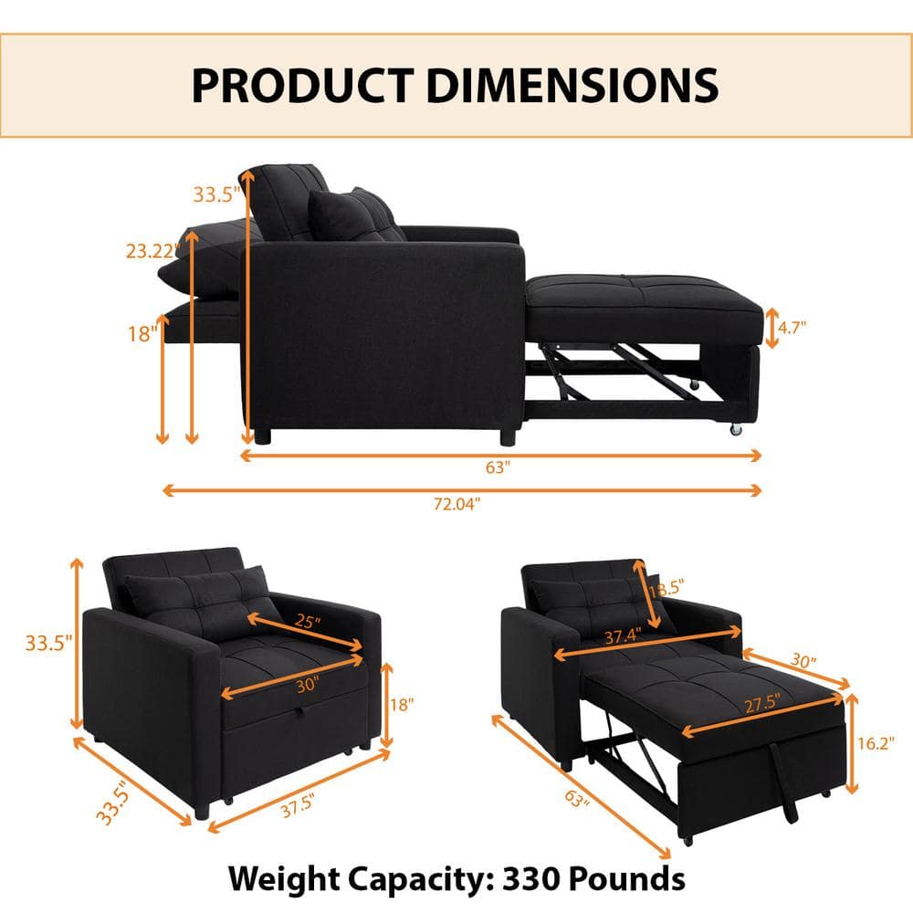 Black Linen Convertible Sleeper Accent Chair with Metal Frame