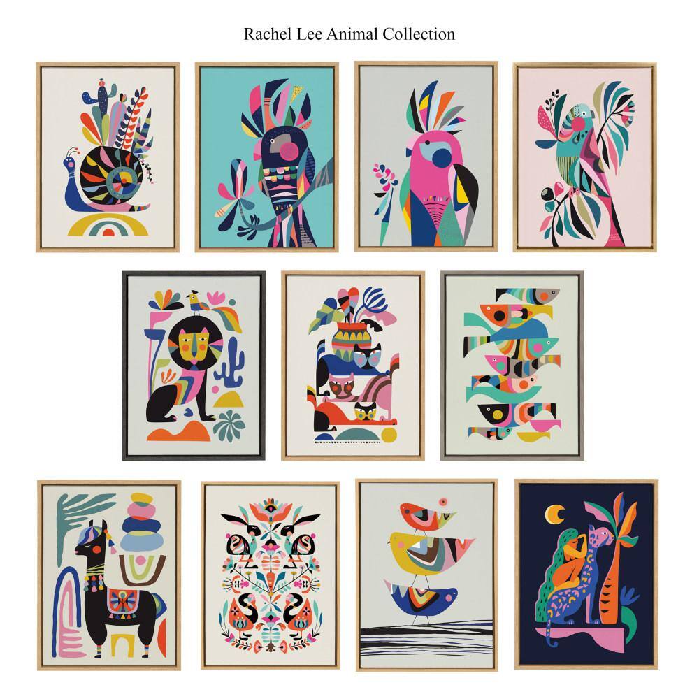 Abstract Multicolor Birds on Canvas with Natural Frame