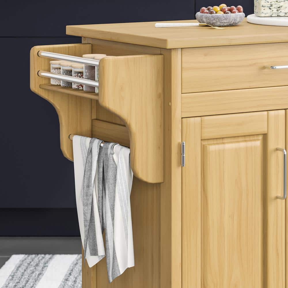 Natural Wood Kitchen Cart with Spice Rack and Storage