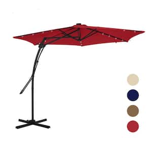 10 ft. Hexagon Red Offset Patio Umbrella with Solar Lights and 4-Piece Umbrella Base