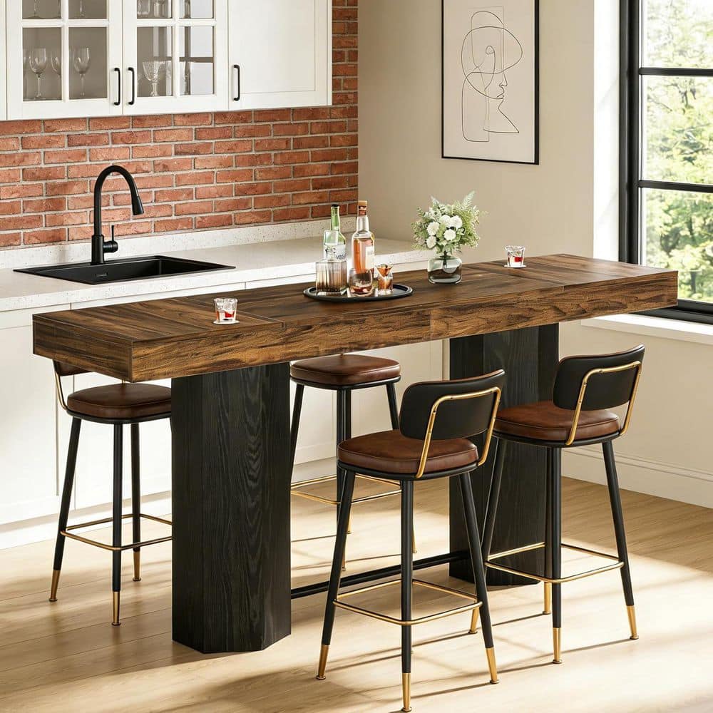 Kearsten 37.4 in. H Brown and Black Rectangle Bar Table Seats 6 with Reinforced Dual Pillar Base and Metal Footrest