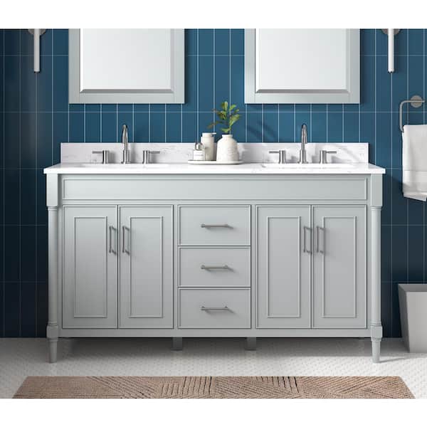 Avanity Bristol 61 in. Double Sink Light Gray Bath Vanity with Cala White Engineered Stone Top