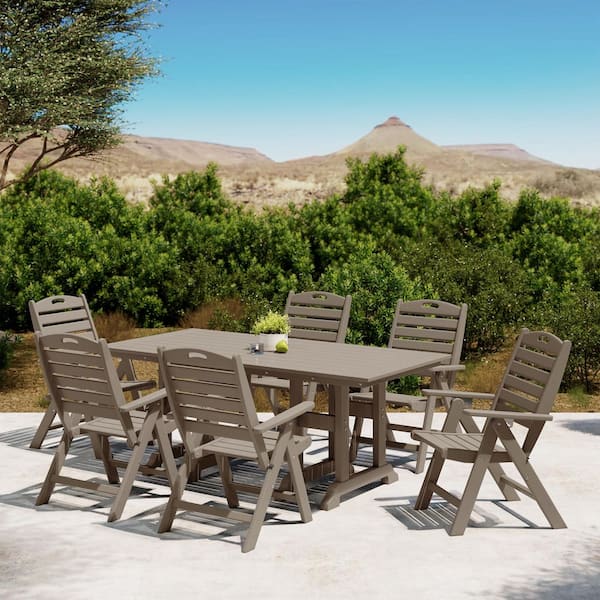 Laguna Outdoor All Weather HDPE Plastic 7-Piece Weathered Wood Highback Folding Chairs, Rectangle Table Patio Dining Set