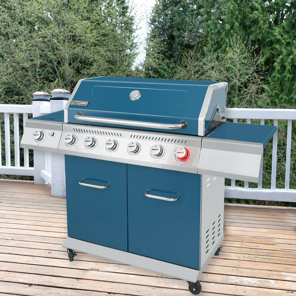 Blue 6-Burner Propane Gas Grill with Side Burner