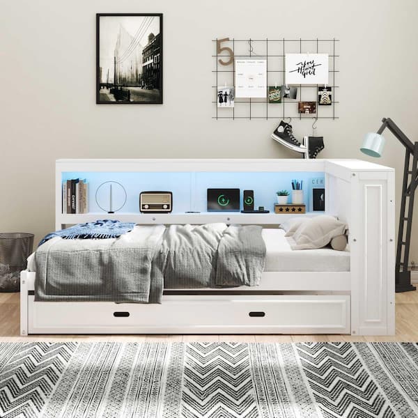 White Full Daybed with Storage Shelves, USB, LED, and Trundle