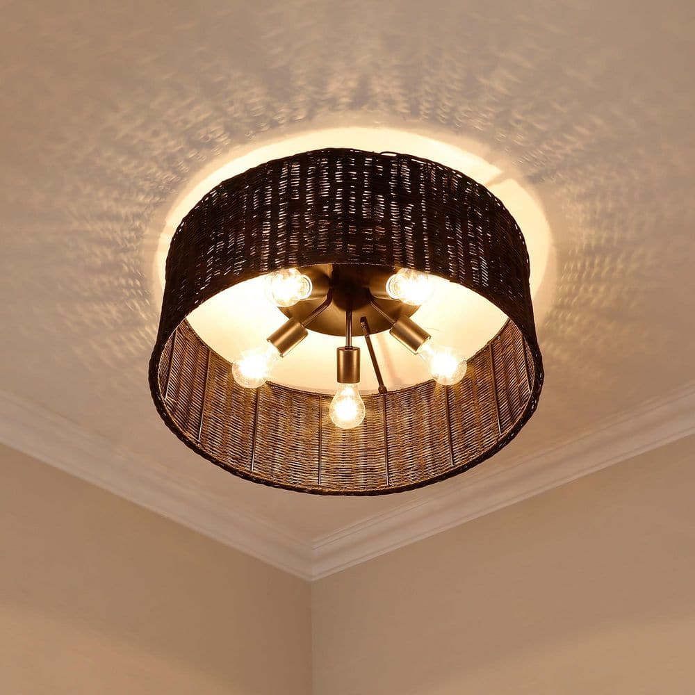 Erma Matte Black Woven Wicker 22'' Drum Flush Mount Light
