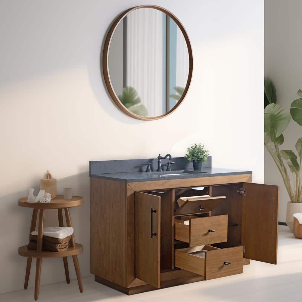 48" Tan Poplar Wood Bathroom Vanity with Black Limestone Top