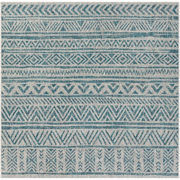 Livabliss Eartha Aqua/Taupe 6 ft. 7 in. x 6 ft. 7 in. Indoor/Outdoor Patio Area Rug