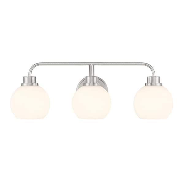 24 in. W x 8.25 in. H 3-Light Brushed Nickel Contemporary Bathroom Vanity Light with White Opal Glass Shades