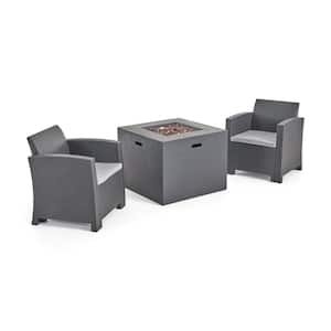 Houston Charcoal 3-Piece Faux Wicker Patio Fire Pit Set with Light Grey Cushions
