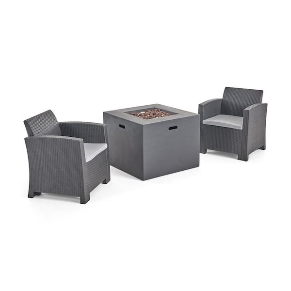 Noble House Houston Charcoal 3-Piece Faux Wicker Outdoor Patio Fire Pit Set with Light Grey Cushions