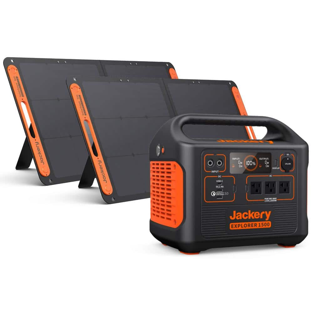 Jackery 1800-Watt Continuous/3600W Peak Solar Generator SG1500 with 2 Solar Panels 100W Push Button Start for Outdoors