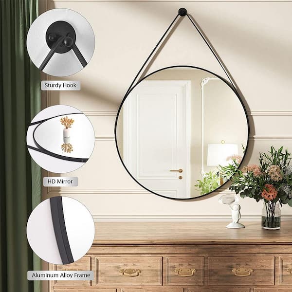 XRAMFY 24 in. W x 24 in. H Round Mirror with Hanging Leather Strap Aluminum Frame Black Wall Mirror