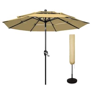 9 ft. 3 Tiers Aluminum Market Umbrella Outdoor Patio Umbrella with Fade Resistant and Cover in Wheat Beige Sunbrella