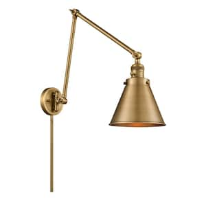 Appalachian 8 in. 1-Light Brushed Brass Wall Sconce with Brushed Brass Metal Shade with On/Off Turn Switch