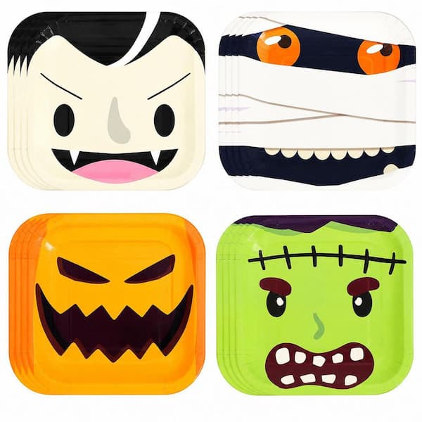 40-Piece 7 in. Halloween Paper Dessert Plates, Square Disposable Plates, 4 Designs for Parties
