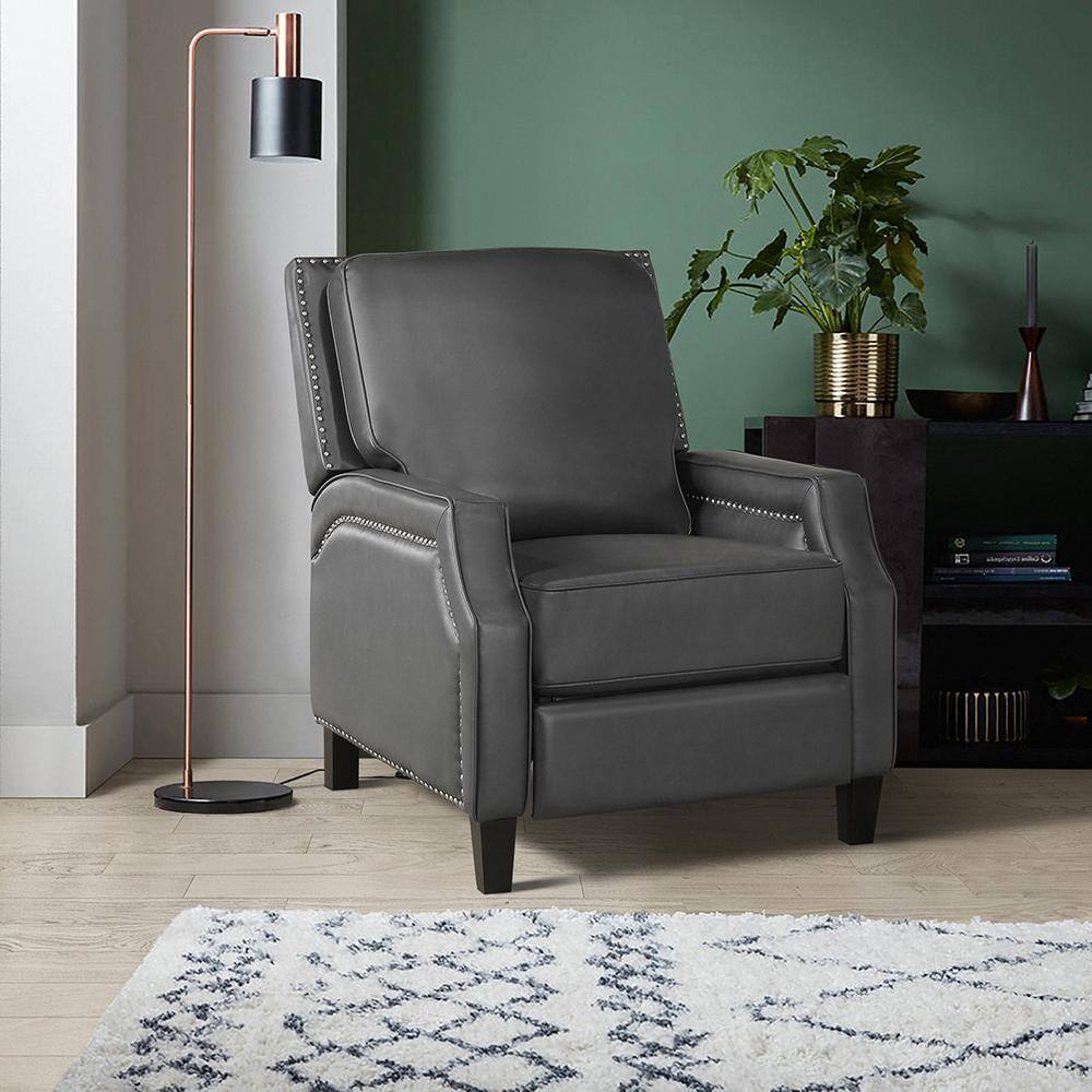 Gray Faux Leather Push Back Recliner with Nailhead Trim
