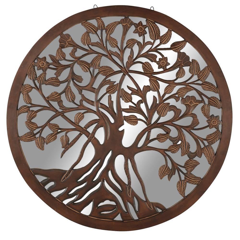 Round Brown Wood Tree Mirrored Wall Decor, 48"
