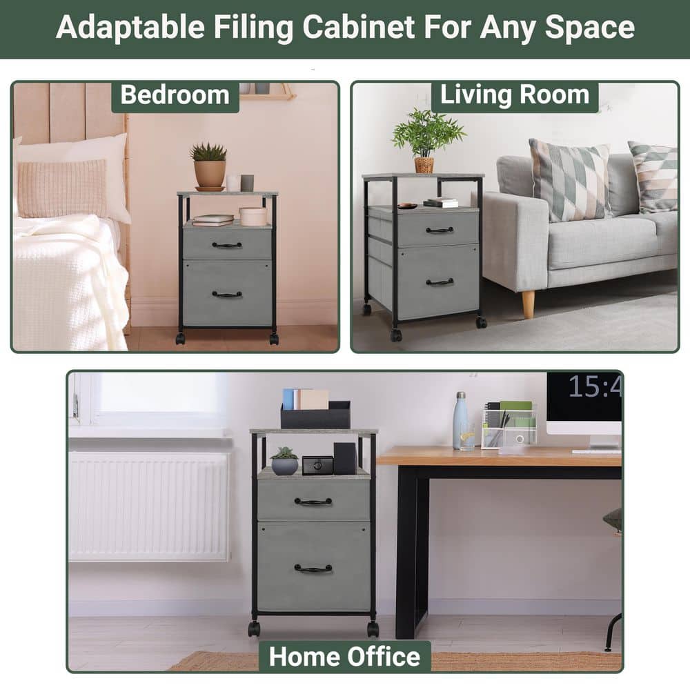 Gray Metal and Wood Rolling 2-Drawer Nightstand