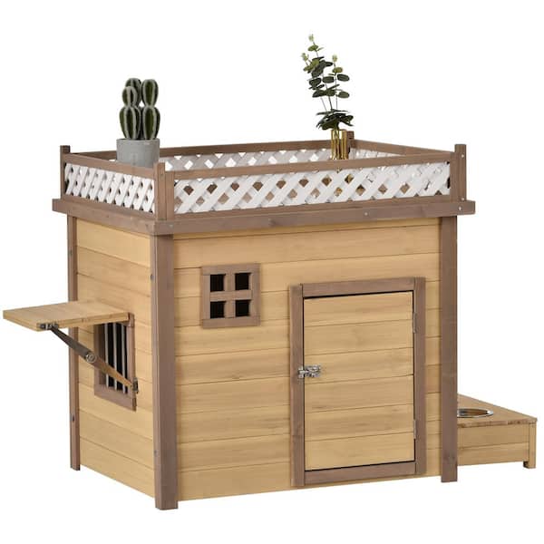 FORCLOVER Outdoor Puppy Shelter Kennel Wooden Dog House with with Plant Stand and Wood Feeder-Medium(31.5 in.)