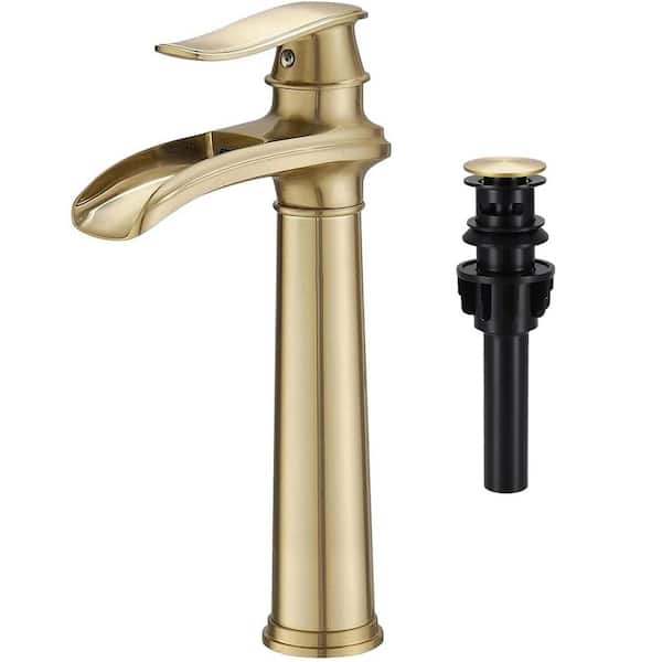 Waterfall Single Hole Single Handle Vessel Sink Faucet with Pop-up Drain in Brushed Gold