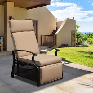 Brown Metal Outdoor Recliner with Flip Table Push Back and Beige Cushions