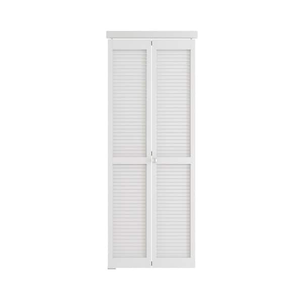 28 in. x 80 in. Louvered Panel, Solid Core, Composite MDF and PVC Covering White Bi-Fold Door with Hardware
