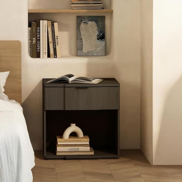 Clive Mid-Century Modern Walnut 1-Drawer 22 in. W Nightstand with Black Handle