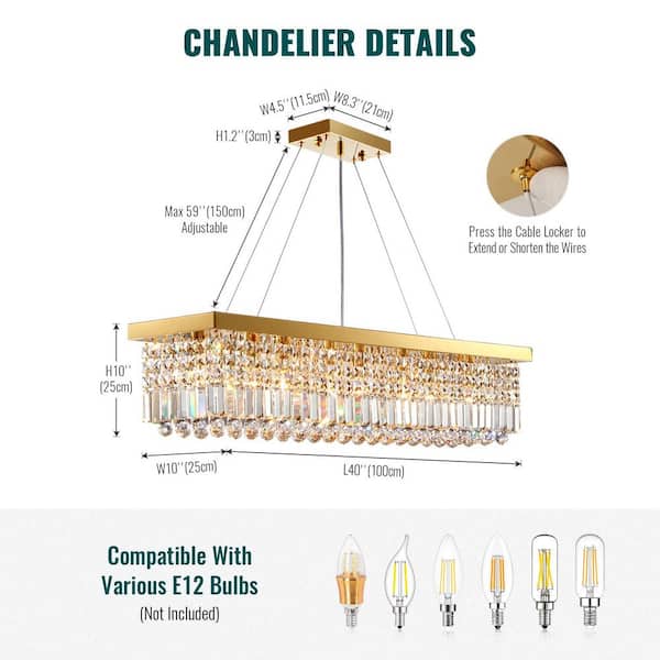Modern 8-Lights Gold Rectangular Raindrop Crystal Chandelier Pendant Lighting for Dining Room Kitchen Island