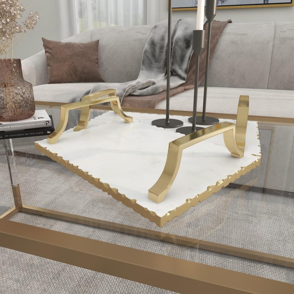 Gold and White Ceramic Rectangular Tray Set with Metal Handles