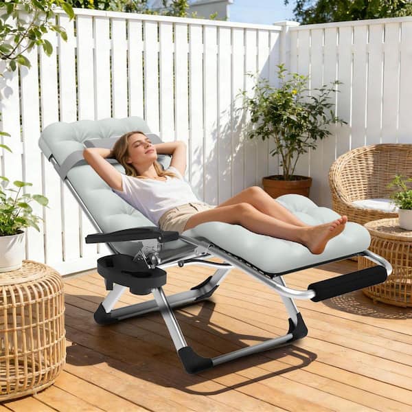 Zero Gravity Lounge Chair-Foldable Alloy Steel Recliner with Adjustable Headrest with Gray Cushion for Patio, Lawn