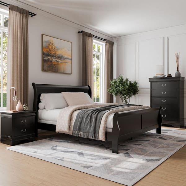 Furniture of America Burkhart 3-Piece Black Wood King Bedroom Set Bed and Nightstand with Chest