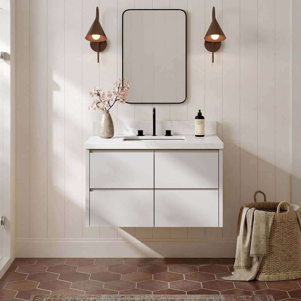 West 36 in. Single Sink Wall-Mounted Bath Vanity in Warm White with Carrara White Quartz Top price history on PriceWatchPro