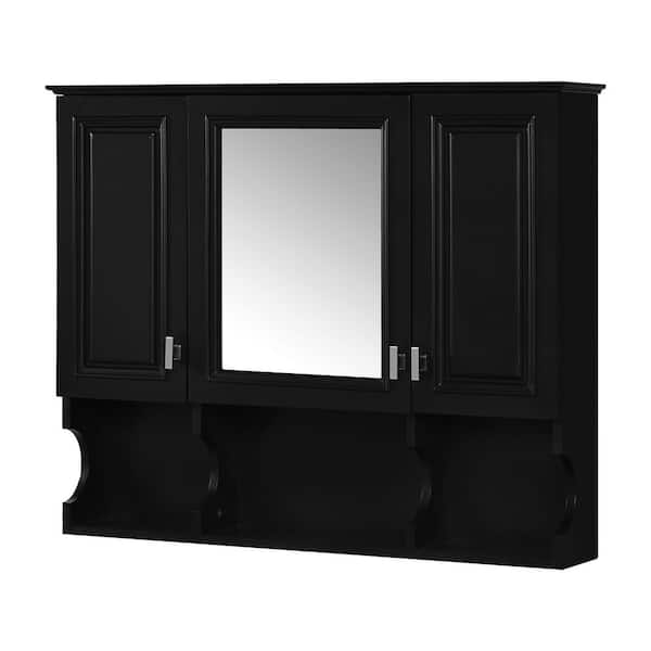 MS 35 in. W x 28.7 in. H Rectangular MDF Medicine Cabinet with Mirror, Black, With 3 Open Shelves