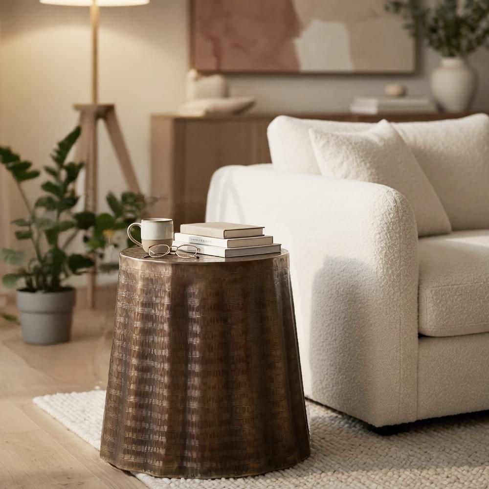 Liora 18 in. Handcrafted Bronze-Finish Aluminum Hammered Round Design Side End Table