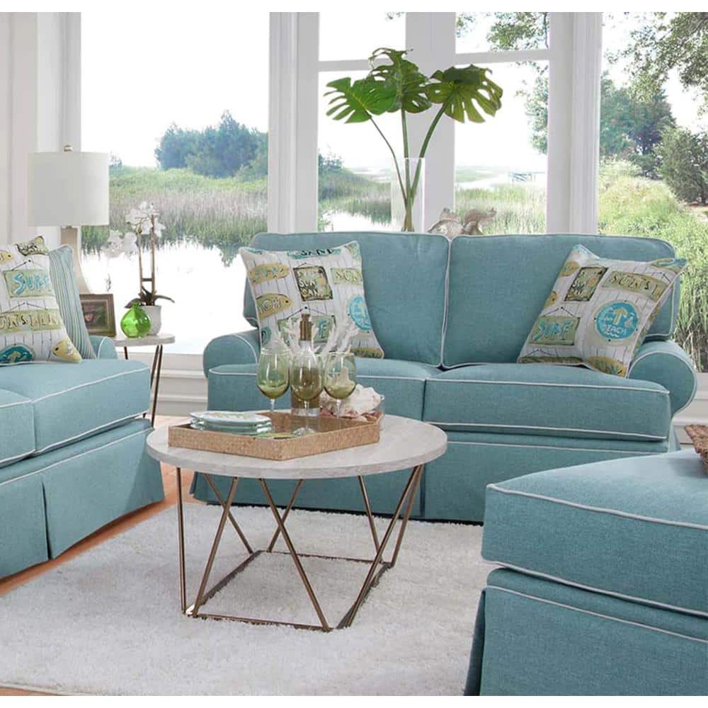 Aqua Linen Coastal Loveseat with Accent Pillows